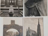 four old postcards of a man with a beard and a cathedral