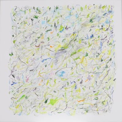 an abstract painting of white and green paint on a white paper