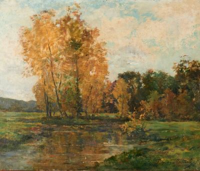 peinture d'un paysage avec une rivière et des arbres au premier plan