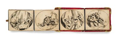 an old book with drawings of people and animals on it