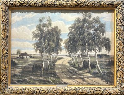 une image représentant un tableau d'une route de campagne avec des arbres au premier plan