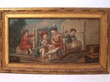 painting of a group of children playing with a barrel of wine