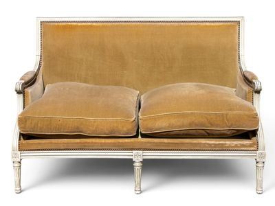 TRAVAIL DE STYLE LOUIS XVI Banquette en bois sculpté et pati…