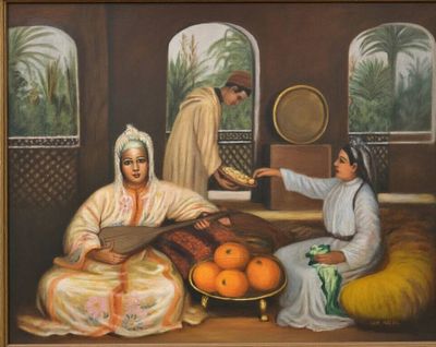 un tableau représentant deux femmes assises dans une pièce avec des oranges