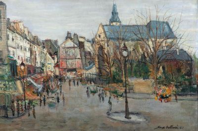 peinture d'une scène de rue avec des personnes marchant dans la rue