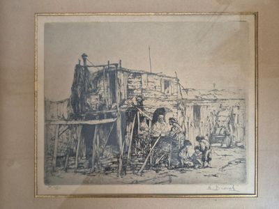 a picture of a drawing of a group of people outside of a building