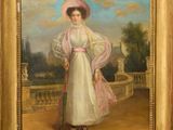 painting of a woman in a white dress and pink hat with a cane