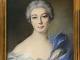 an oil painting of a woman in a blue dress