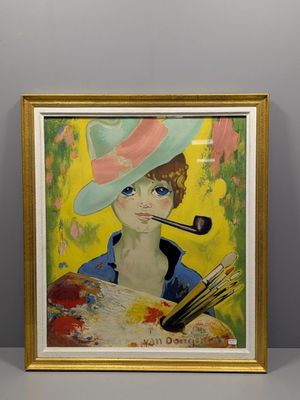 tableau représentant une femme coiffée d'un chapeau, une pipe à la bouche