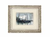 painting of a boat in a body of water with people on it