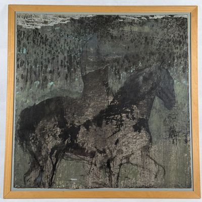 a painting of two horses in a field with trees in the background
