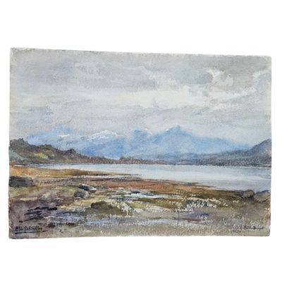 aquarelle représentant un paysage avec un lac et des montagnes au loin