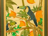 an image of a painting of two birds perched on a tree branch
