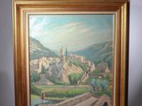 peinture représentant un paysage avec un pont et un château en arrière-plan
