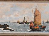 une peinture à l'huile représentant un voilier sur l'eau, près d'un rivage rocheux