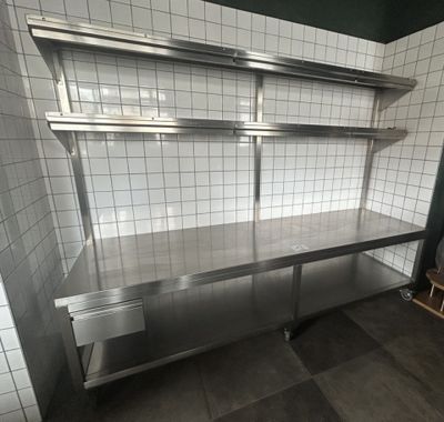 a large stainless steel counter in a kitchen