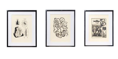 three framed pictures of different types of artwork on a wall