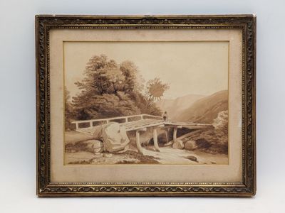 an old picture of a painting of a bridge over a river