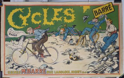 une affiche représentant un homme à vélo avec tout un groupe de personnes à l'arrière