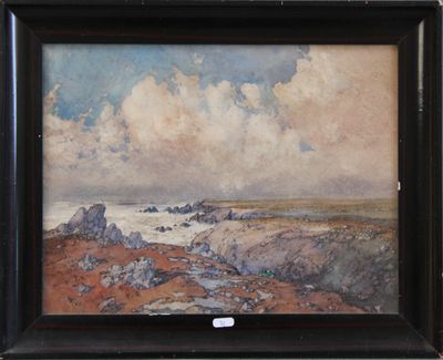 an image of a painting of a landscape with rocks and a body of water