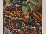une peinture représentant une nature morte avec des fruits et une bouteille
