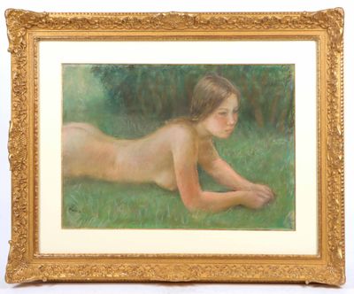 an image of a painting of a naked woman laying on the grass