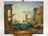 une peinture à l'huile représentant une peinture d'une scène portuaire avec des bateaux et des personnages sur l'eau