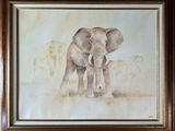 un tableau représentant un éléphant debout dans l'herbe