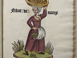 an old book with a picture of a woman carrying a basket on top of her head