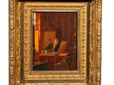un vieux tableau représentant un homme assis à une table avec un chat
