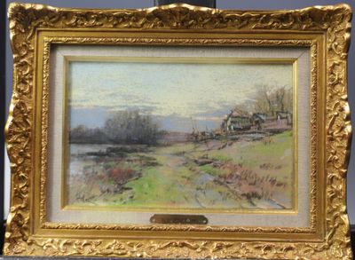 l'image d'un tableau représentant un paysage avec une maison au loin