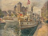 a painting of a boat on the water in front of a castle