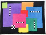 a colorful rug with squares and stripes on a black background