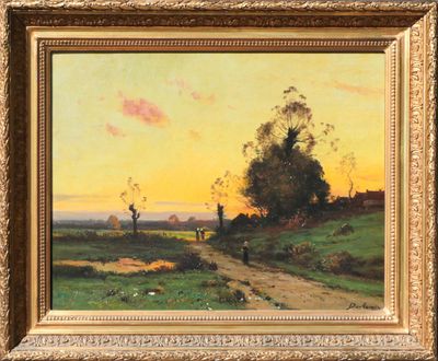 a painting of a man walking down a dirt road next to a field