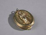 an image of a gold locke with a lady on it