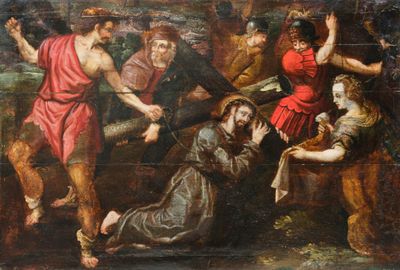 une image d'un tableau représentant un groupe de personnes dans une zone boisée