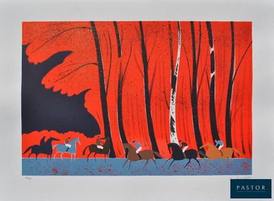 un tableau représentant un groupe de personnes à cheval dans une forêt