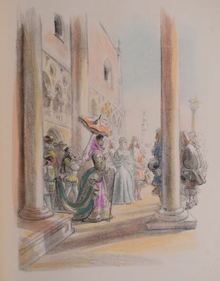 drawing of a woman in a pink dress and a man in a blue suit and a woman in a green dress and a man in a yellow hat