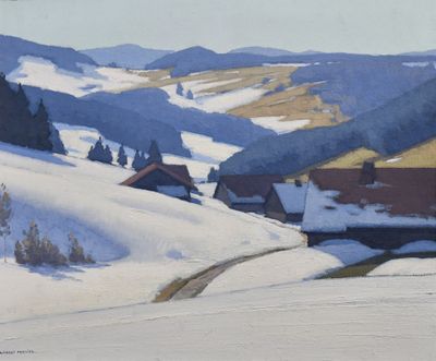 tableau représentant un paysage enneigé avec des maisons et des montagnes en arrière-plan