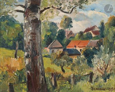an oil painting of a farm scene with a tree in the foreground and a house in the distance