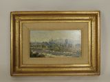 une image représentant un tableau représentant une ville, dans un cadre doré