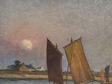 tableau représentant un voilier sur un plan d'eau, avec la pleine lune en arrière-plan