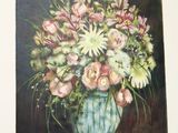 a painting of flowers in a blue vase on a table