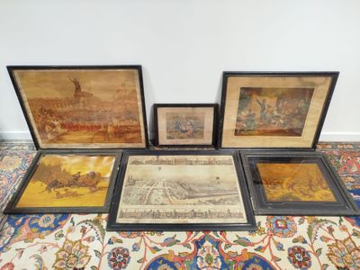 several framed and unframed paintings of a city and a town