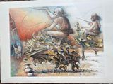a drawing of a man and a woman sitting on a rock