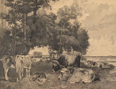 un dessin représentant un groupe de vaches dans un champ