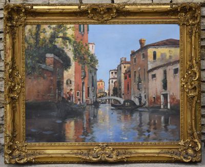 a painting on the wall of a building with a bridge