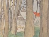 a picture of a painting of a house in the woods