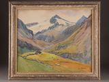 an oil painting of a mountain scene with a valley in the foreground