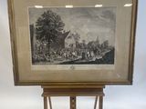 an old picture of a painting on a easel with a picture of a castle in the background